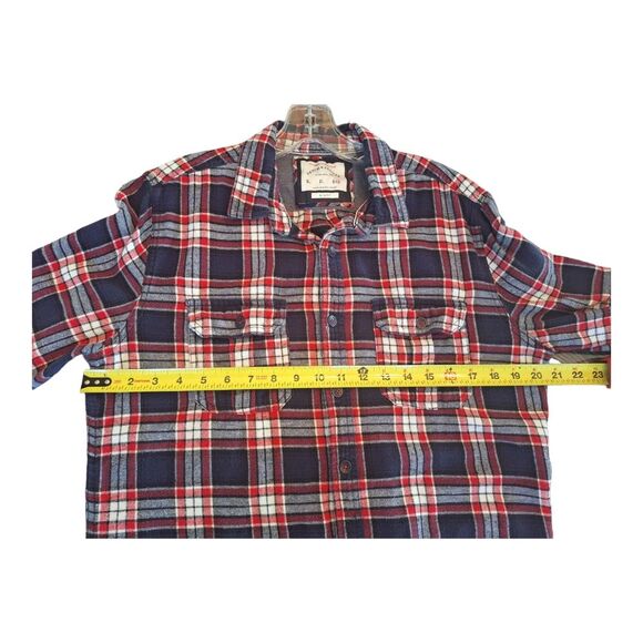 Denim & Flower Flannel Collection Button Up Pockets Red White Blue Plaid L Slim - Picture 11 of 12